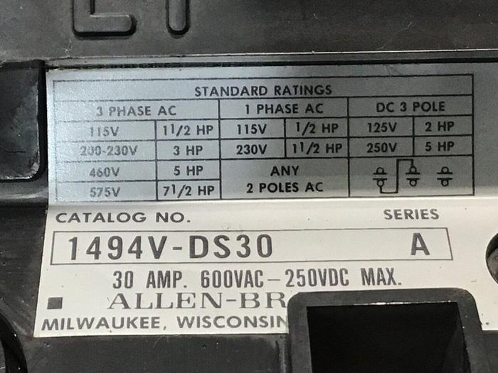 Used ALLEN BRADLEY 30 Amp Disconnect Switch 1494V-DS30 SER A #126254