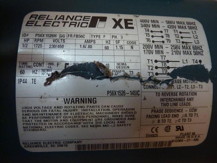Used RELIANCE ELECTRIC 1/2 HP Motor P56X1526H GG FRFB56C USED