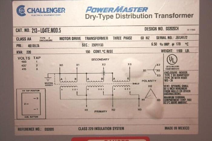 Used CHALLENGER 220 kVA Transformer 213-LQ4TE.MOD.5 Used