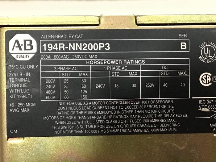 Used ALLEN BRADLEY Disconnect Switch 194R-NN200P3 #123133
