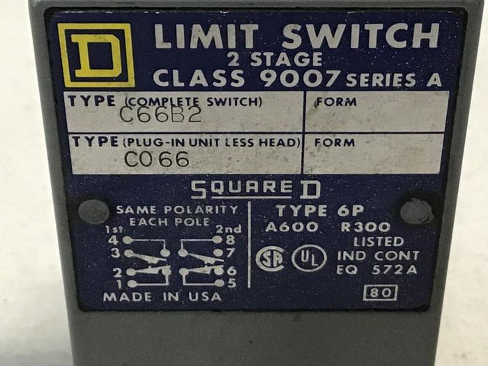 Used SQUARE D Limit Switch 9007-C66B2 #121953