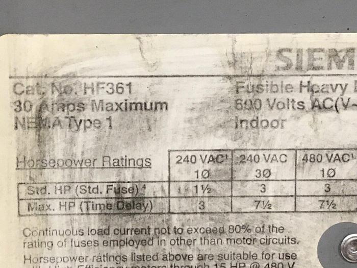 Used SIEMENS 30 Amp Disconnect Switch HF361 #120449