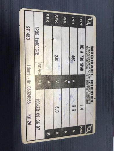 Used MICHAEL RIEDEL 1.4 kVA Transformer REIA 730 SPAR USED #138245