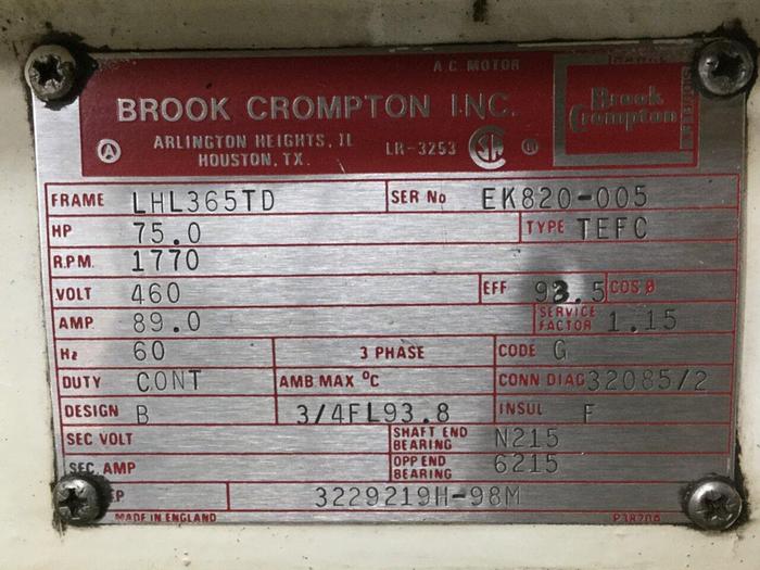 Used BROOK CROMPTON 75 HP Motor BC75HP Used