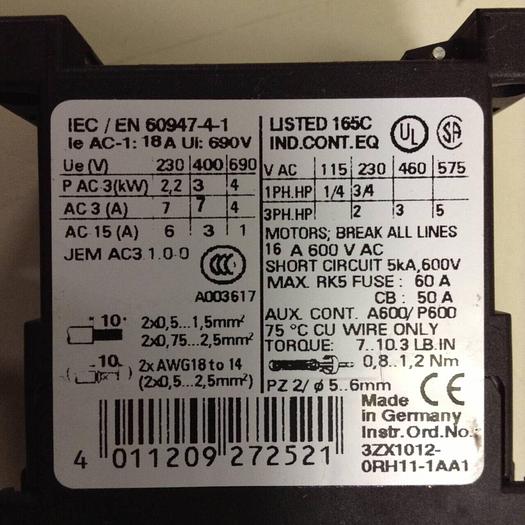 Used SIEMENS Contactor 3RT1 015-1AP01 #87022