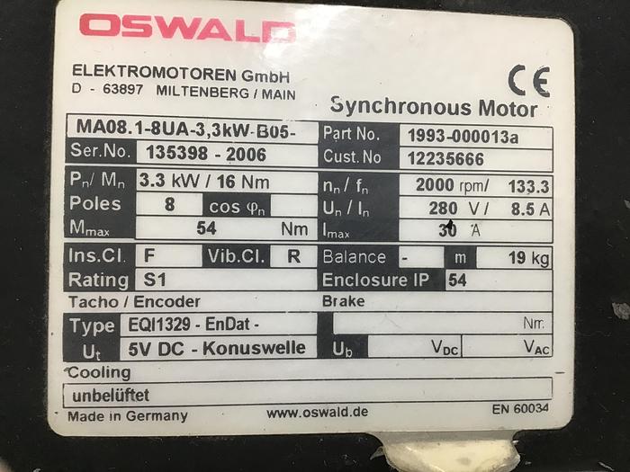 Used OSWALD Synchronous Motor 1993-000013A Used #142423