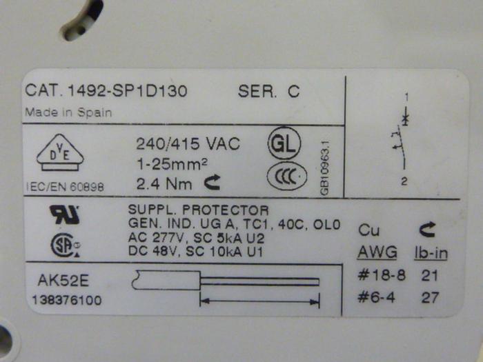 Used ALLEN BRADLEY 13 Amp Circuit Breaker 1492-SP1D130 SER C #64279