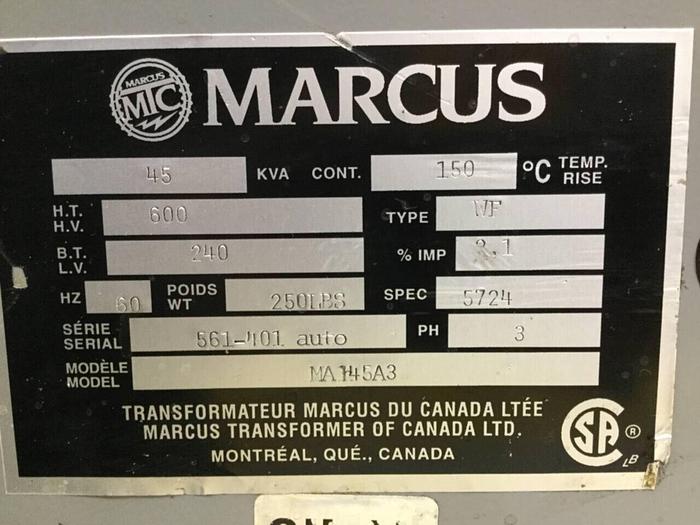 Used MARCUS 45 kVA Transformer MA145A3 Used
