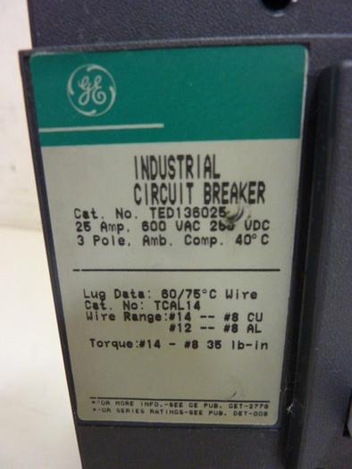 Used GENERAL ELECTRIC / GE 25 Amp Circuit Breaker TED136025 #64097