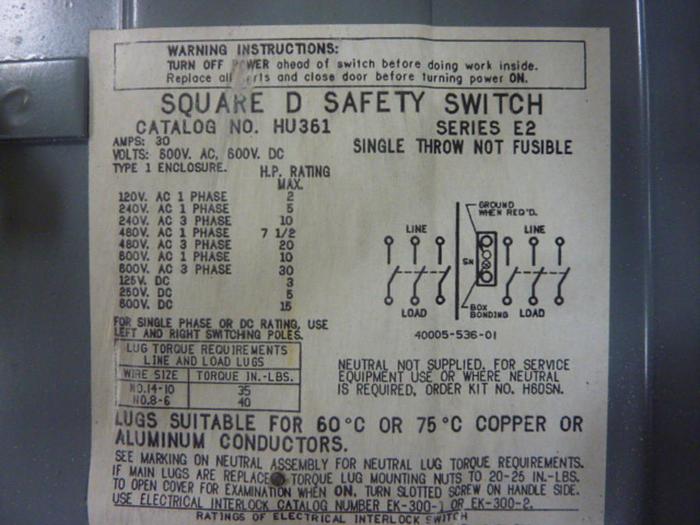 Used SQUARE D 30 Amp Safety Switch HU361 E2 #57611