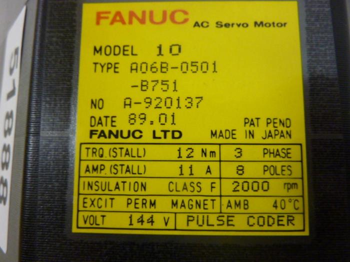 Used FANUC Servo Motor A06B-0501-B751 #51888