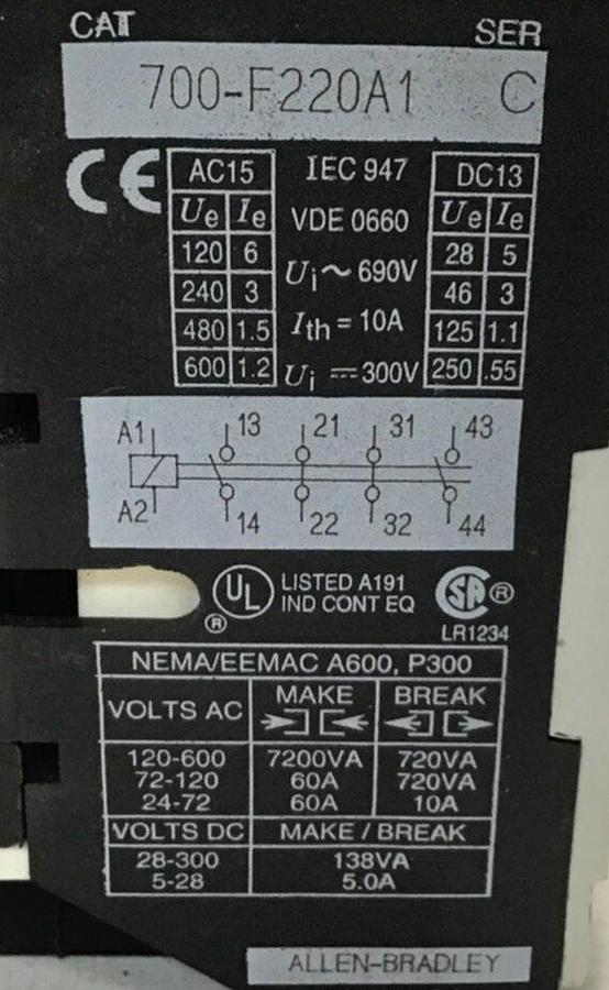 Used ALLEN BRADLEY Contactor 700-F220A1 USED