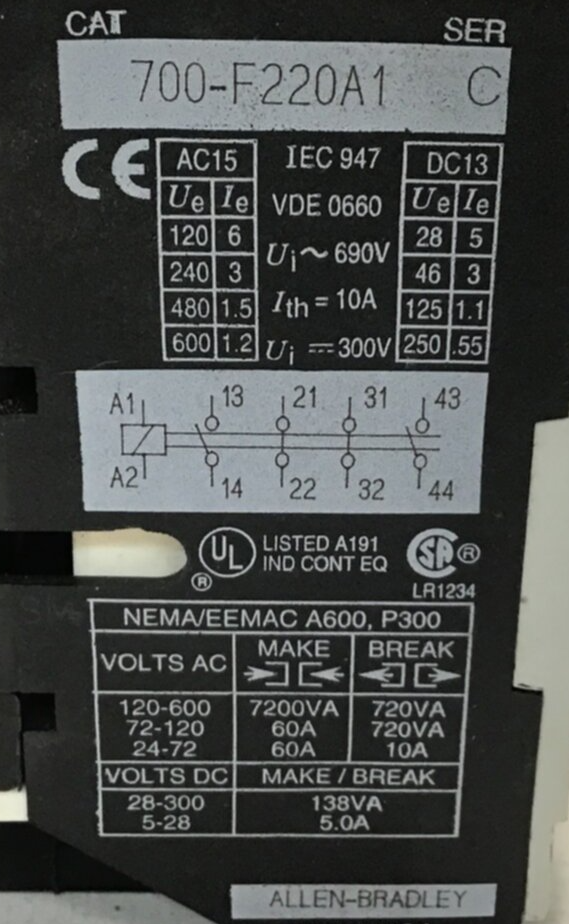 Used ALLEN BRADLEY Contactor 700-F220A1 USED