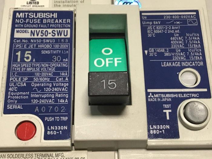Used MITSUBISHI No-Fuse Breaker 15 Amp NV50-SWU #112977