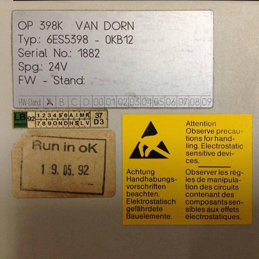 Used VAN DORN OP 398K Pathfinder Operator Control 6ES5398-0KB12 Used