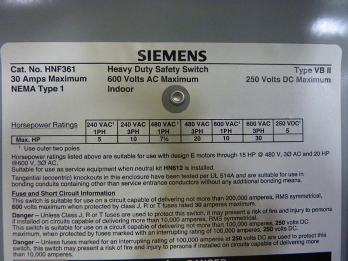 Used SIEMENS 30 Amp Safety Disconnect Switch HNF361 VBII #65444