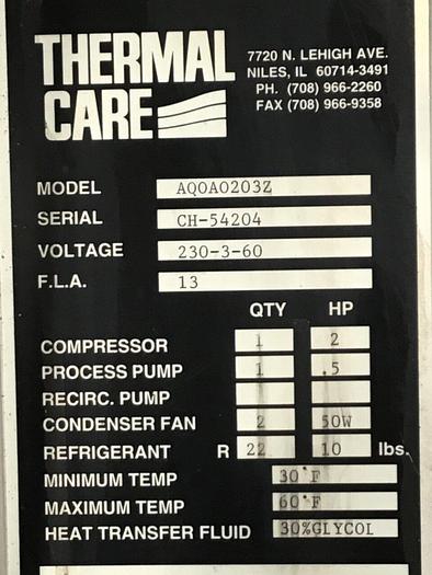 Used THERMAL CARE 2 Ton Air Cooled Chiller AQ0A0203Z Used