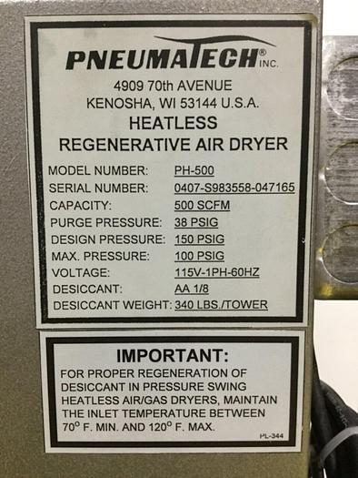 Used PNEUMATECH Heatless Regenerative Air Dryer PH-500 Used