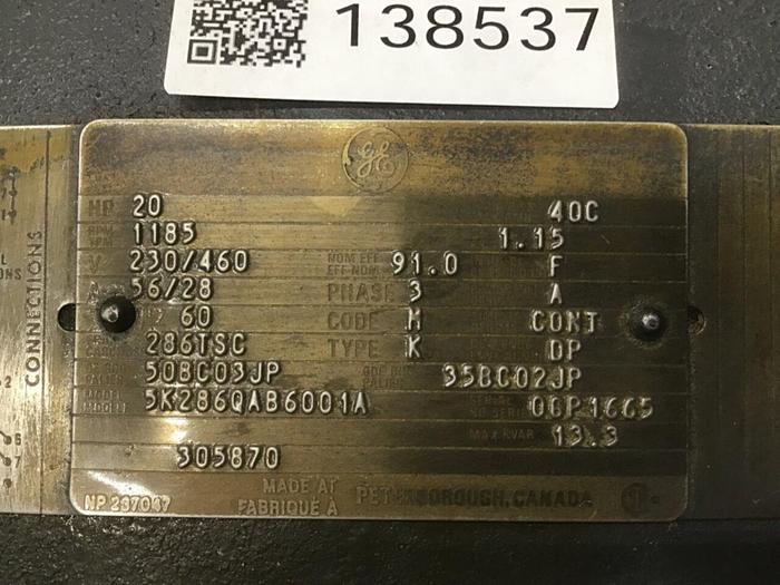 Used GENERAL ELECTRIC 20 HP Motor 5K286QAB6001A Used