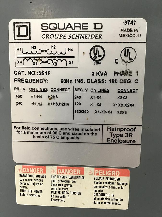 Used SQUARE D 3S1F 3 kVA Dry Type Transformer Used #140730