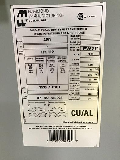 Used HAMMOND 7.5 kVA Transformer FW7P #138296