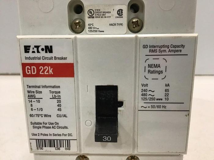 Used EATON CORP 30 Amp Industrial Circuit Breaker GD22K 30 AMP #133215