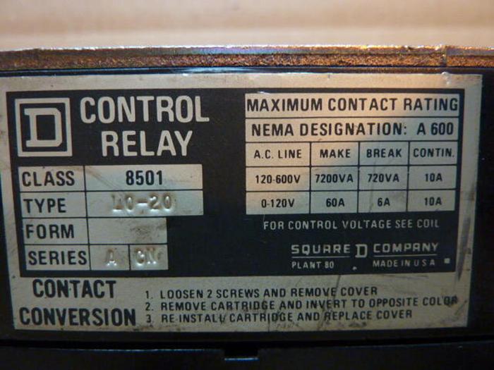 Used SQUARE D Control Relay 8501-L0-20 #3421