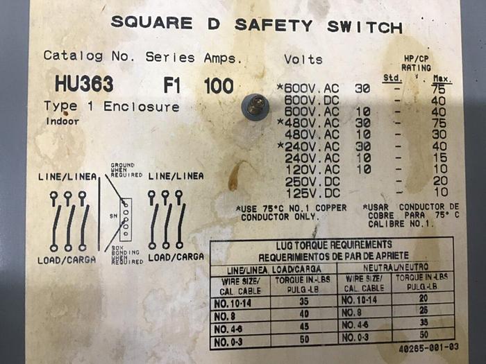 Used SQUARE D Disconnect Switch HU363 SER F1 USED