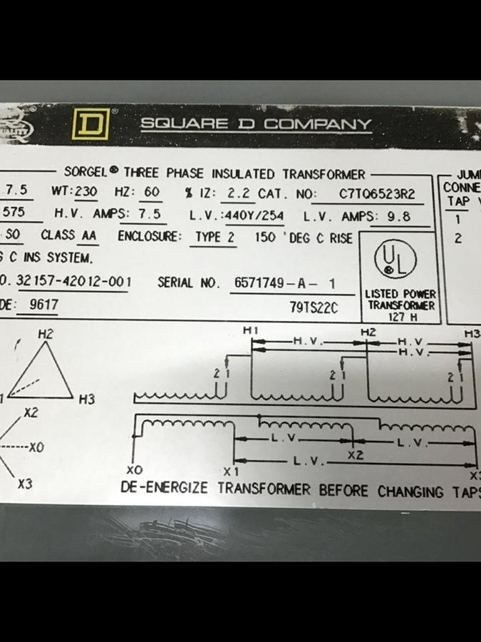 Used SQUARE D 7.5 kVA Insulated Transformer C7TQ6523R2 #132722