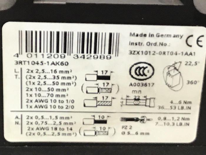 Used SIEMENS Contactor 3RT1045-1AK60 #122910