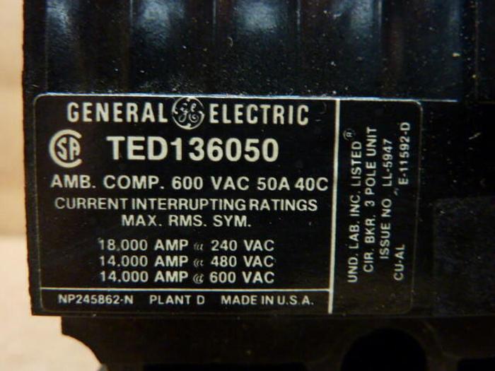 Used GE 50 Amp Circuit Breaker TED136050 #27629
