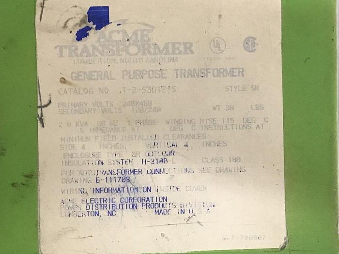 Used ACME 2.0 kVA Transformer T-2-53012-S #132835