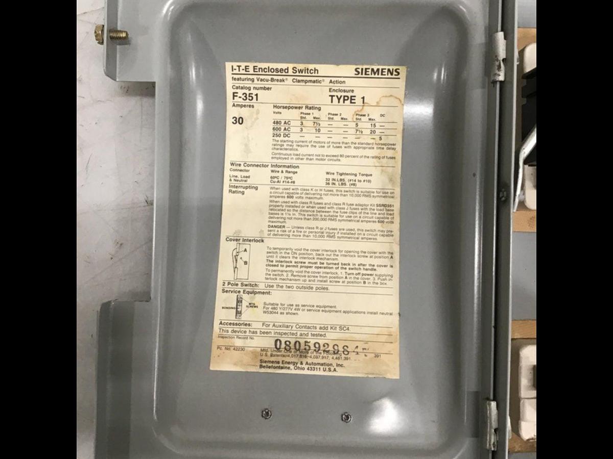 Used SIEMENS 30 Amp ITE Heavy Duty Vacu-Break F-351 USED