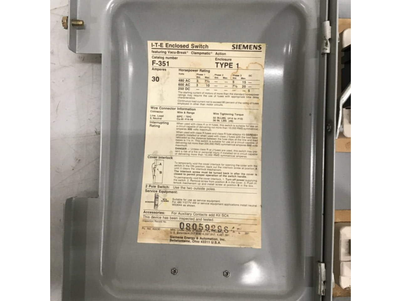 Used SIEMENS 30 Amp ITE Heavy Duty Vacu-Break F-351 USED