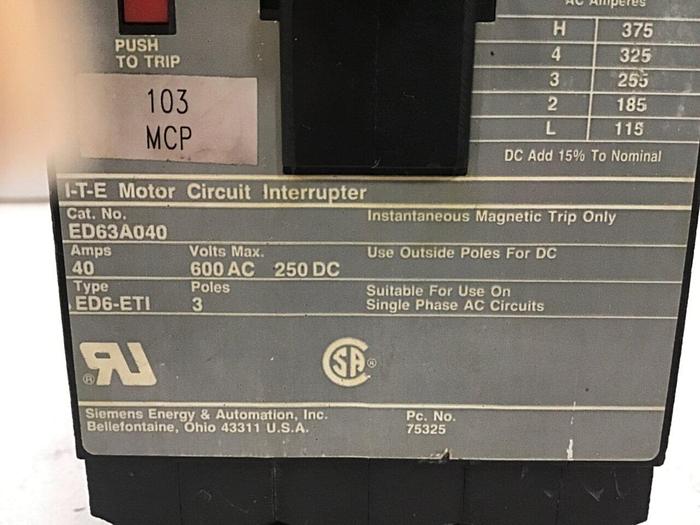 Used SIEMENS 40 Amp Circuit Breaker ED63A040 #131926