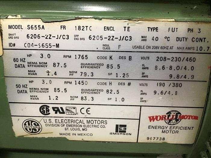 Used US ELECTRICAL MOTORS 3 HP Motor S655A #138526
