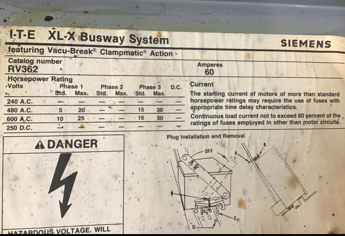 Used SIEMENS 60 Amp Buss Plug RV362 Used