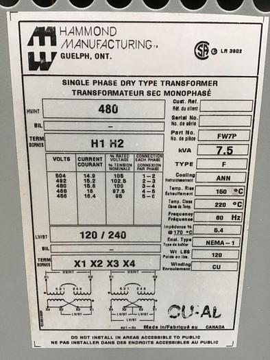 Used HAMMOND 7.5 kVA Transformer FW7P #122176