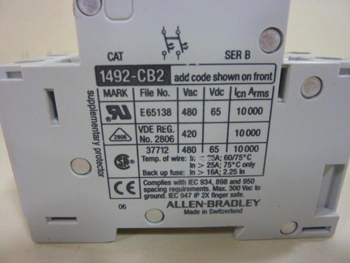 Used ALLEN BRADLEY 10 Amp Circuit Breaker 1492-CB2/G100 SER B #46992