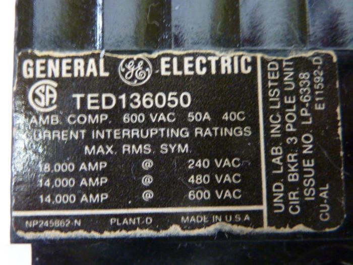 Used GE 50 Amp Circuit Breaker TED136050 #51665
