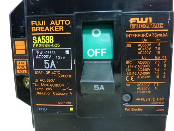Used FUJI ELECTRIC 5 Amp Circuit Breaker SA53B-5 #46745