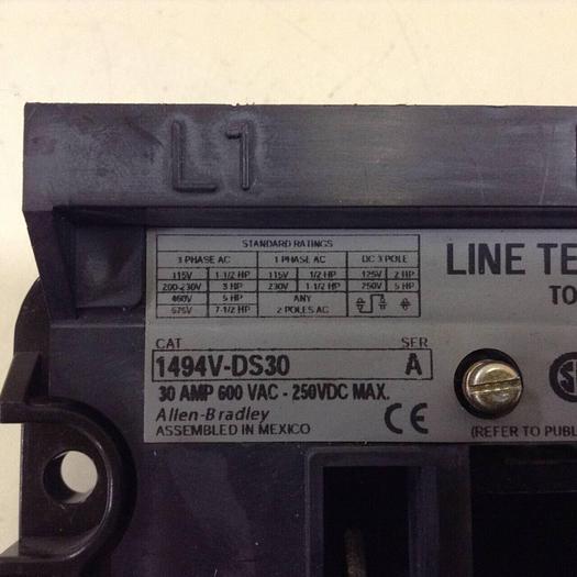 Used ALLEN BRADLEY 30 Amp Disconnect Switch 1494V-DS30 SER A #85302