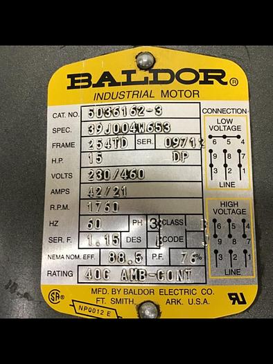 Used BALDOR 15 HP Industrial Motor 5036162-3 #127919