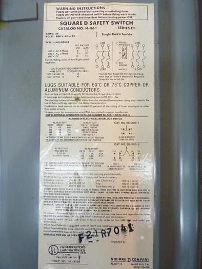 Used SQUARE D 30 Amp Safety Disconnect Switch H361 E1 Used