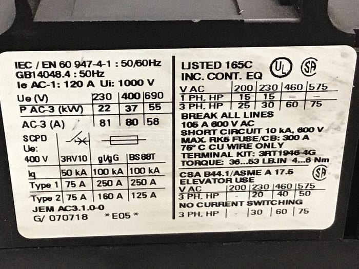 Used SIEMENS Contactor 3RT1045-1AK60 #122911