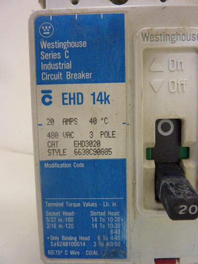 Used WESTINGHOUSE 20 Amp Circuit Breaker EHD3020 #46704