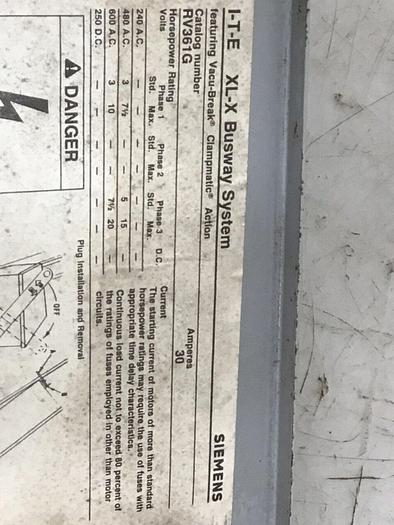 Used ITE SIEMENS 30 Amp Bus Disconnect Switch RV361G #137246
