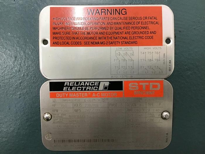 Used RELIANCE ELECTRIC 100 HP AC Motor P4000458B Used