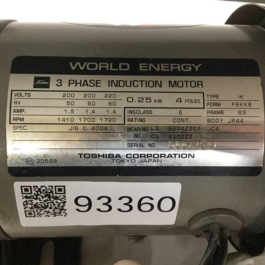 Used TOSHIBA .33 HP Induction Motor and Pump JIS C 4004 .33 HP #93360