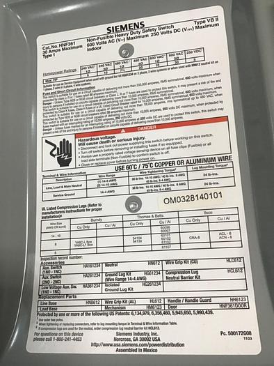 Used SIEMENS 30 Amp Safety Disconnect Switch HNF361 VBII #137847